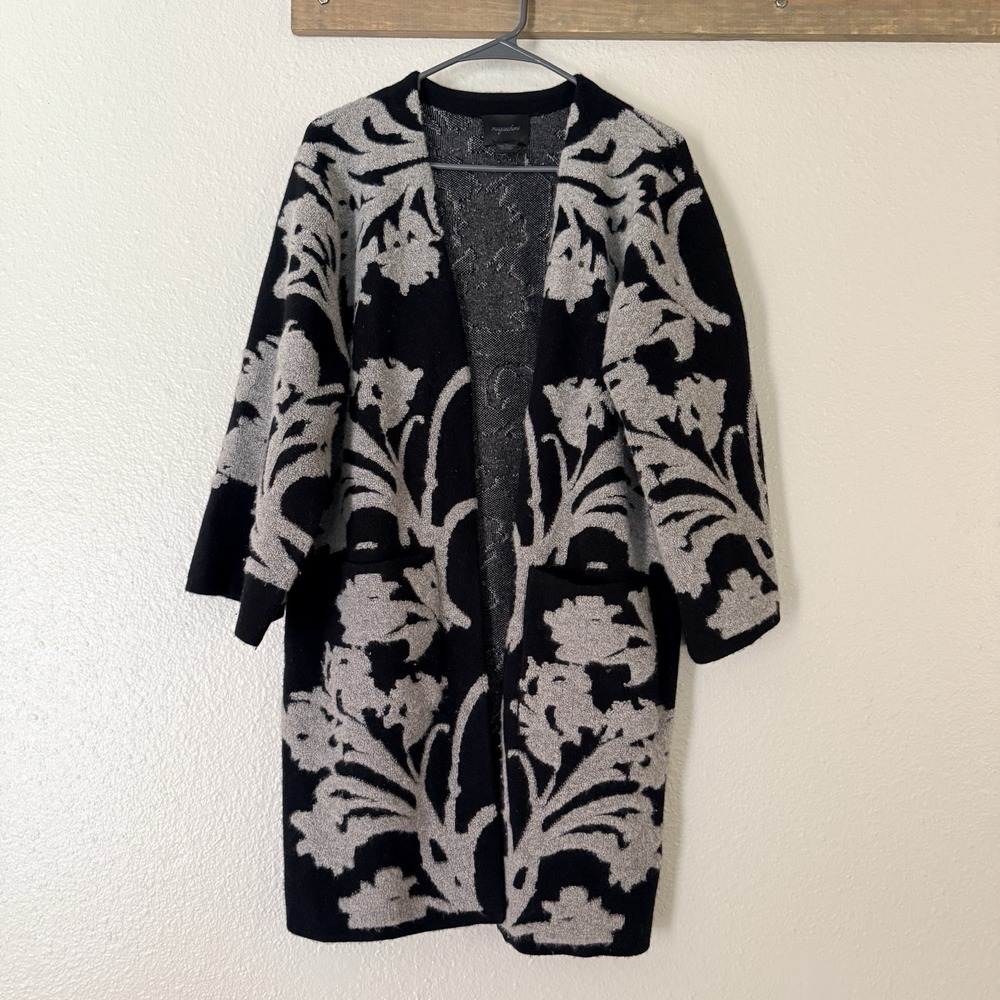Magaschoni 100% Cashmere Floral Duster Cardigan Sweater Womens M Black